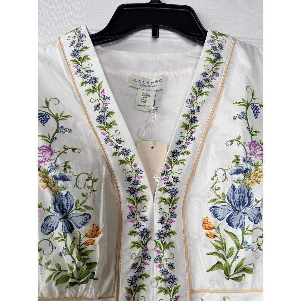 Calypso White Floral V-Neck Puff Sleeve Bordered Mini Dress Size M - Picture 9 of 13